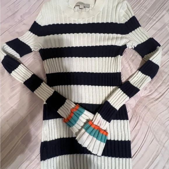 LOFT White & Navy Ribbed Stripe Sweater Dress with Teal & Orange Cuff Accents - Picture 1 of 3